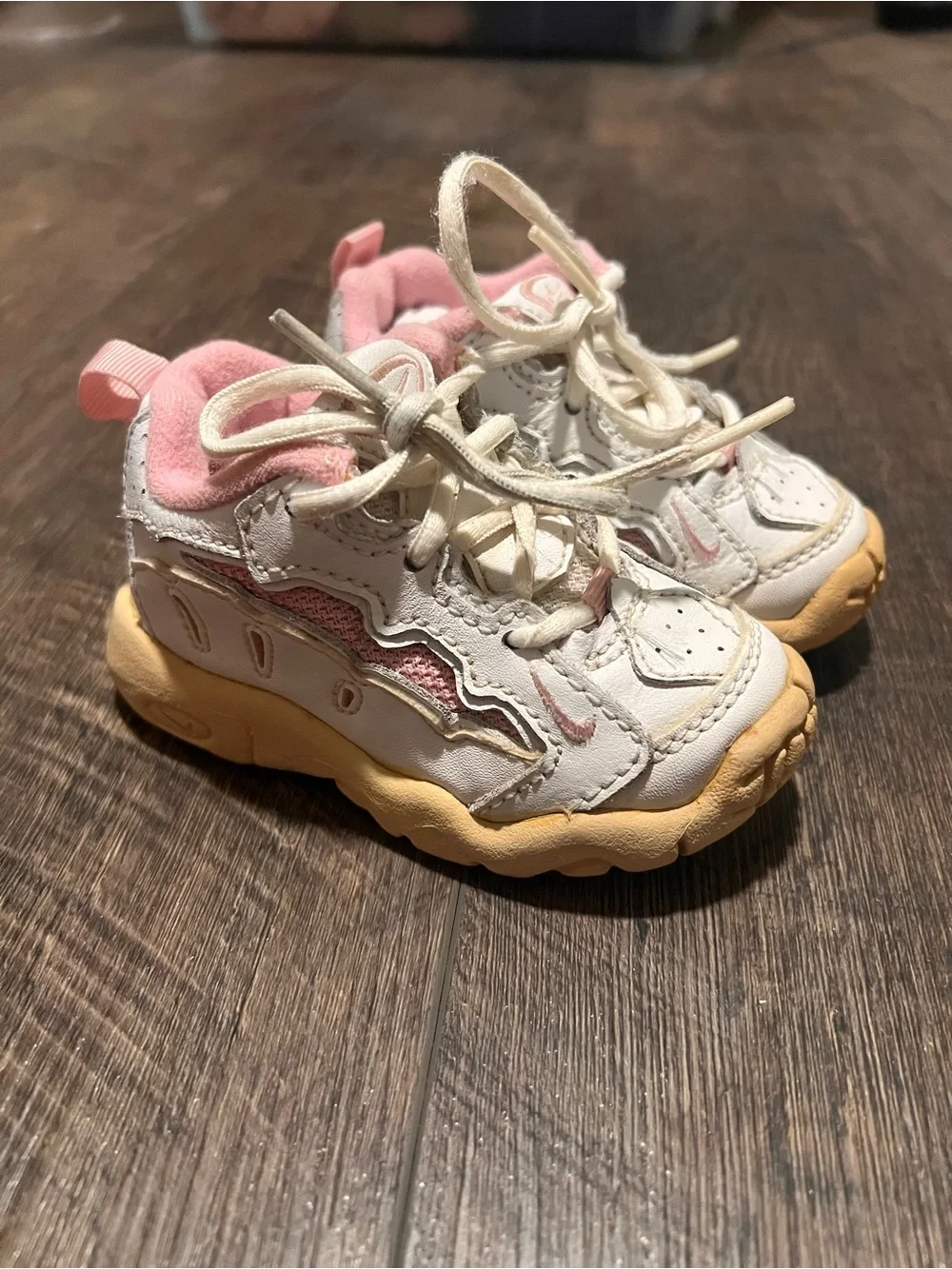 Vintage Nike Kids White and Pink Sneakers with Tan Sole